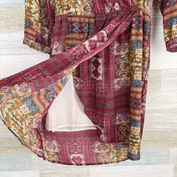Forever21 Aztec Faux Wrap Cinch Waist Dress Red Orange Casual Womens Small - Picture 3 of 6